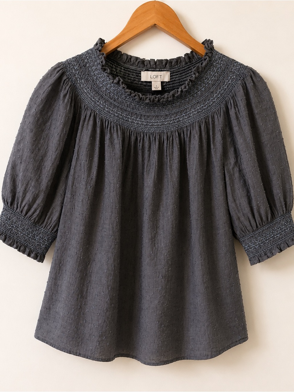 LOFT Blue Swiss Dot Smocked Puff Sleeve Cotton Blouse
